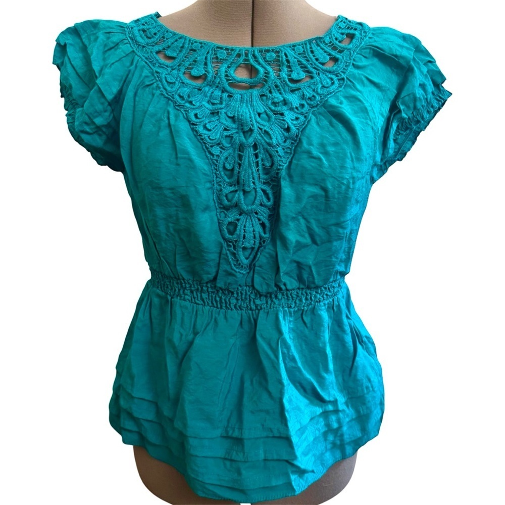 Vintage Y2K Cotton Express Blue Lace Fairycore Babydoll Short Sleeve Blouse Top